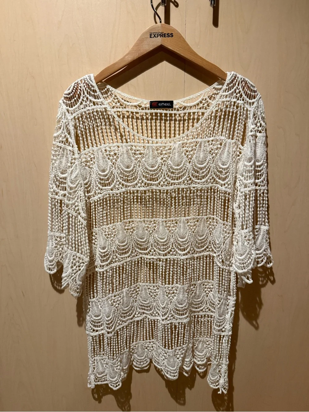 ENLEE Cream White Crochet Knit Swim Cover Up Scalloped Tunic Top L